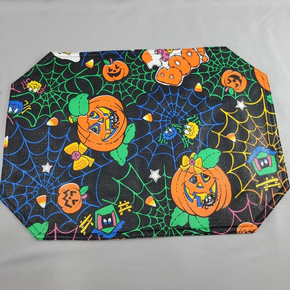 4 Halloween Vinyl Placemat Black Jack o Lantern Pumpkin Ghost Spider Web Vtg